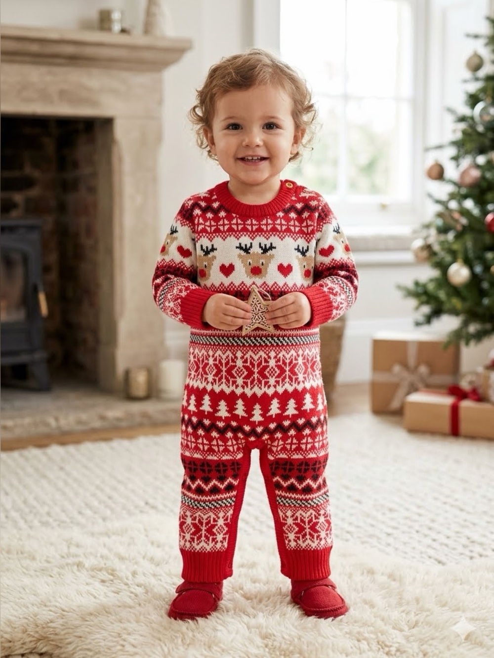 Holiday Reindeer Knit Baby Romper - Red